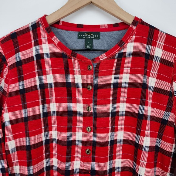 Lauren Ralph Lauren Tops - LRL Lauren Ralph Lauren Womens Plaid Henley Top Size L Red Blue Preppy Classic
